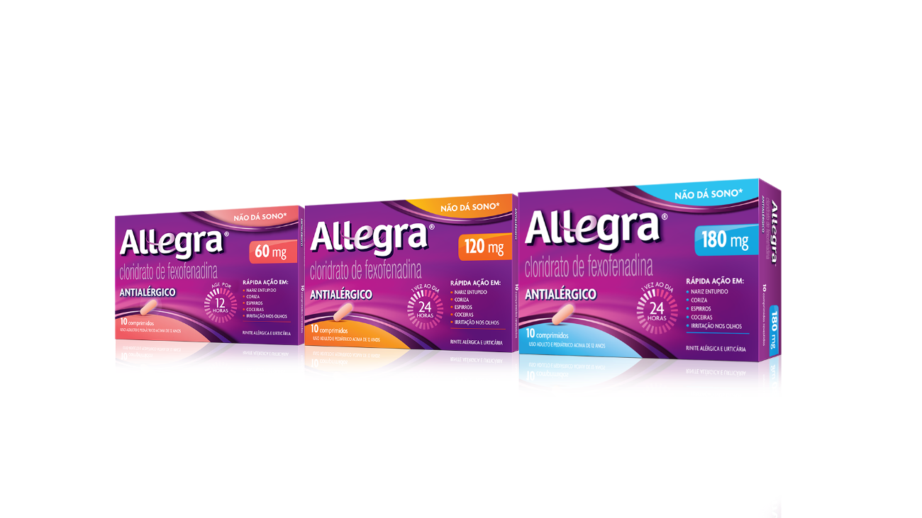 Fotos do antialérgico Allegra 60 mg, 120 mg e 180mg.