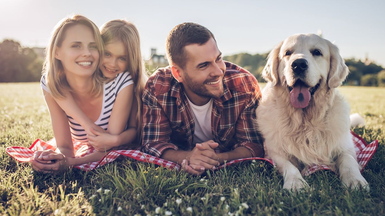 A family lays in a field outside with their dog