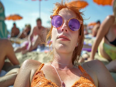 A young woman with red hair reclines at the beach, wearing purple sunglasses, exuding a sense of calm and contentment as she enjoys the warmth of the sun, surrounded by fellow beachgoers.