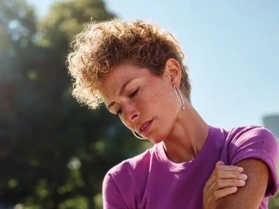 Mulher se olhando no espelho e tocando o próprio rosto