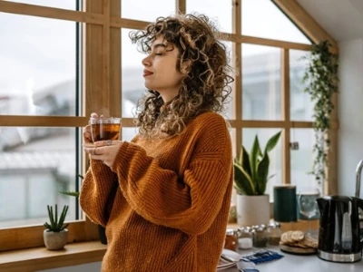 Vrouw staat met een kopje thee naar buiten te kijken
