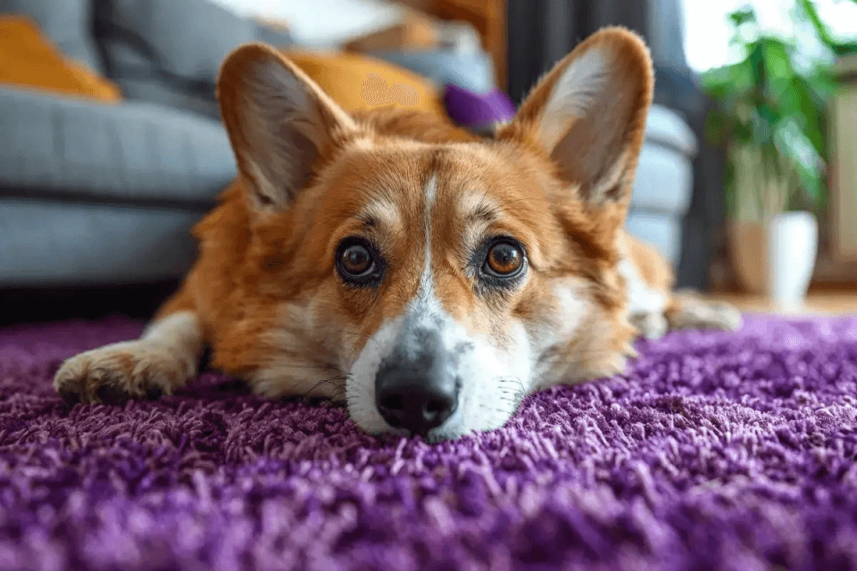 Eine Frau liegt auf dem Rücken und streichelt ihre Katze.