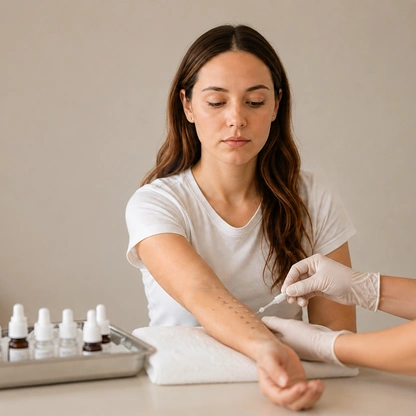 Profissional de saúde realiza teste cutâneo no braço de uma mulher em ambiente clínico