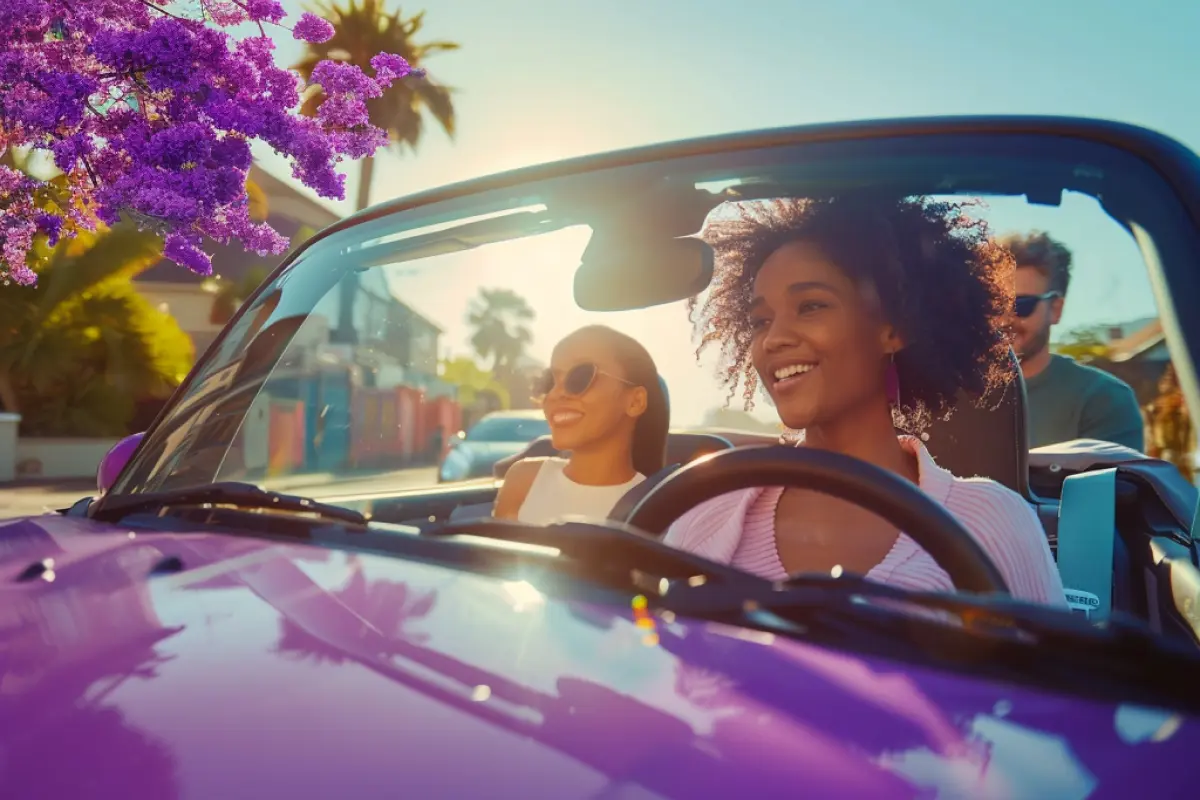 Un groupe d'amis profite d'une conduite ensoleillée dans une décapotable violette vive. La conductrice, une femme aux cheveux bouclés, sourit chaleureusement, tandis que la femme à côté d'elle porte des lunettes de soleil et semble détendue. Un homme est assis à l'arrière, également avec des lunettes de soleil. La scène est lumineuse et joyeuse, avec des fleurs violettes en fleurs et des palmiers en arrière-plan, créant une atmosphère amusante et insouciante, idéale pour un road trip estival.