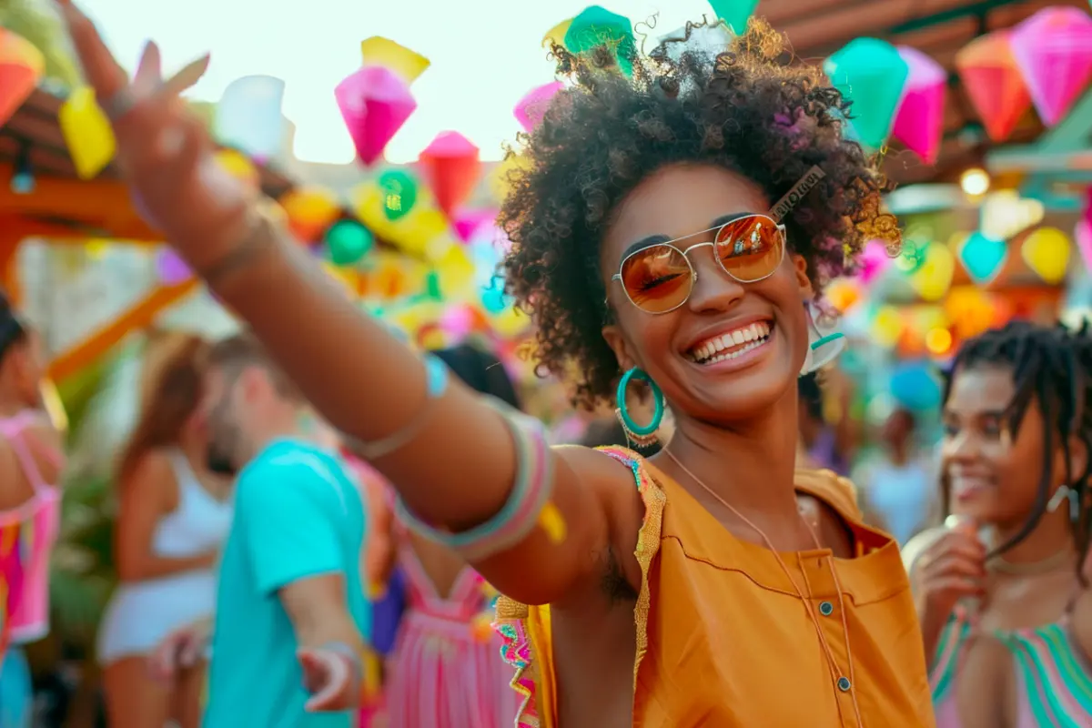 Une femme rayonne de joie lors d'une célébration en plein air animée. Son large sourire et sa tenue colorée s'harmonisent avec l'ambiance festive remplie de décorations éclatantes et d'une énergie chaleureuse, reflétant l'esprit d'une joie insouciante.