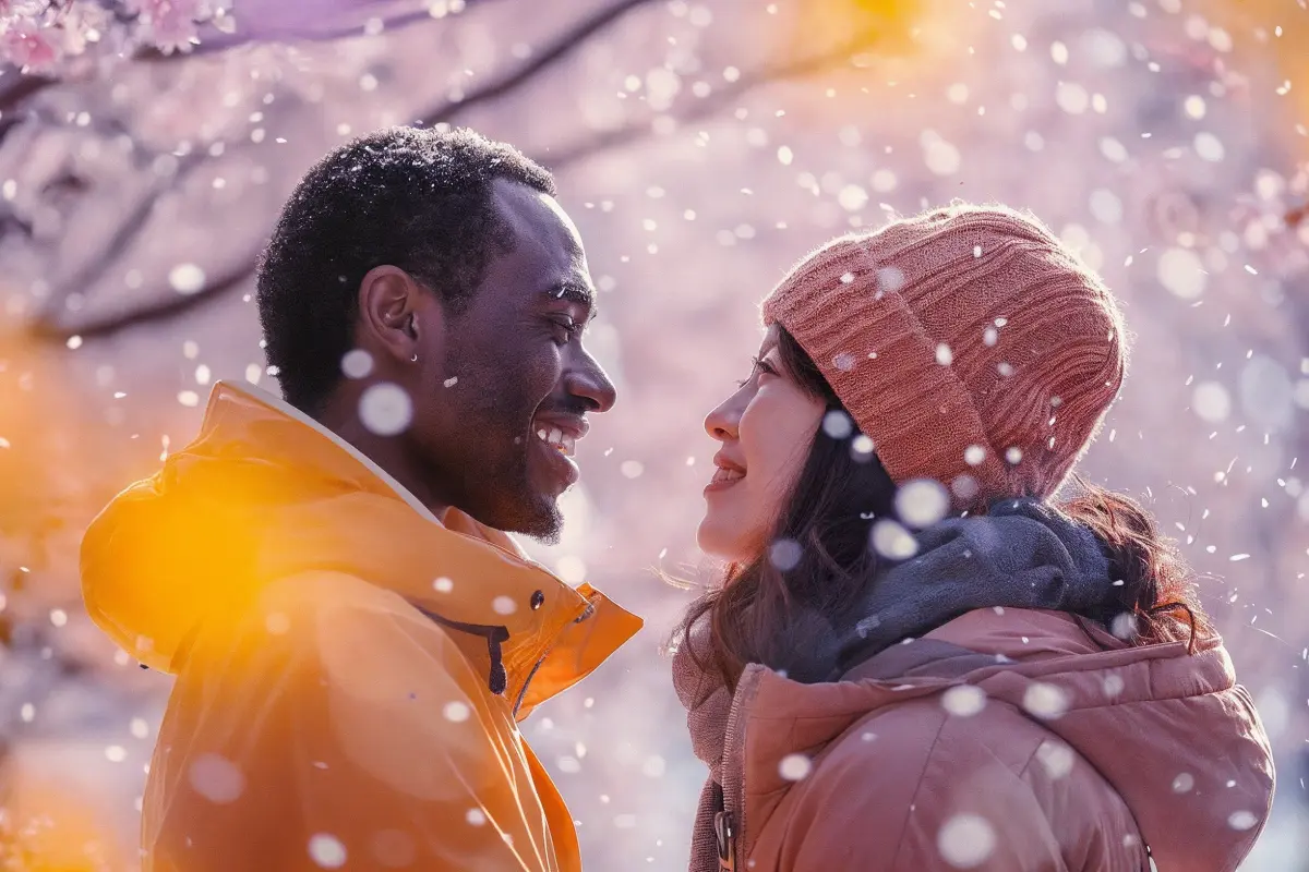 A couple dressed in winter clothing is standing outside in the snowy weather looking into each other's eyes and smiling.