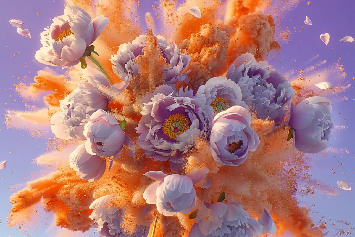 Une explosion dynamique de fleurs violettes entourées de nuages de pollen orange, symbolisant la libération dramatique des allergènes. Le contraste dynamique évoque à la fois la beauté et l'inconfort, capturant l'essence des allergies.