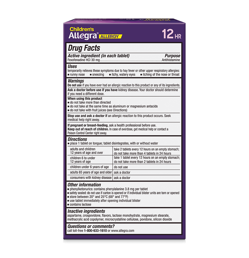 Back of Children's Allegra® 12 Hour Dissolve Tabs Pack