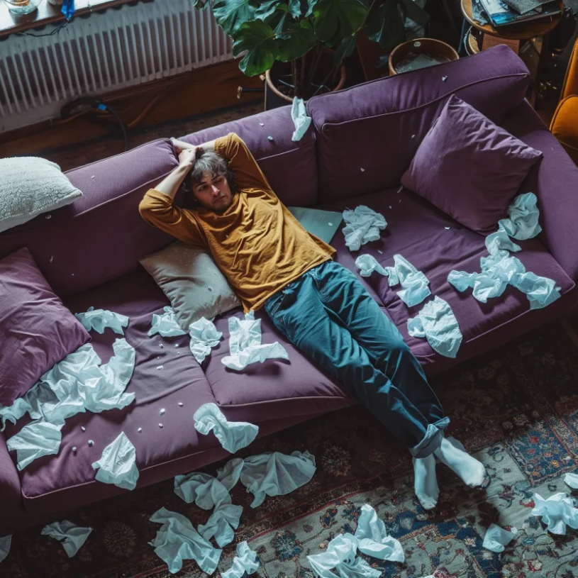 A man vacuuming her bedroom in the daytime.