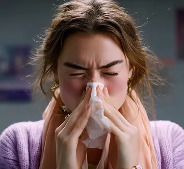 Mulher assoando o nariz
