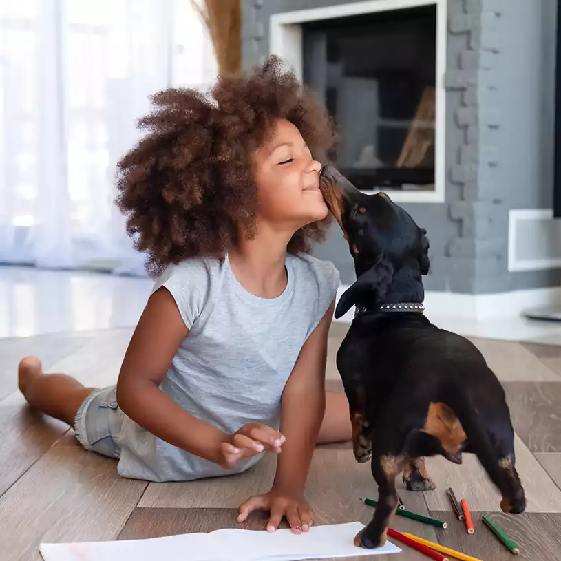A little girl sits and the floor and plays with her dog.