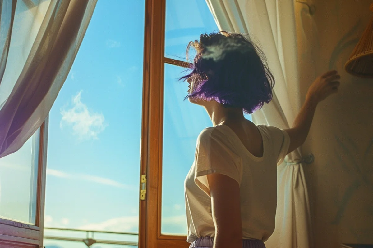 woman inside her home with her window wide open, admires the blue sky.