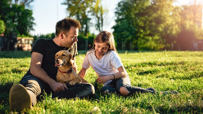 L'homme et l'enfant sont assis dans l'herbe avec le chien sur leurs genoux